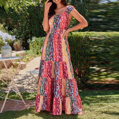 LIZAKOSHT  -  Strap sleeveless comfortable vacation dress retro printed summer new dress casual high waisted women's dress