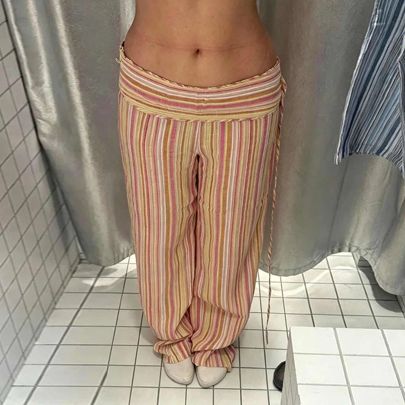 LIZAKOSHT  -  Pants Leg Stripe Women Trousers Adjustable Waist Wrap Loose Summer Floor Length Boho Palazzo Trousers Women Outfit For Women