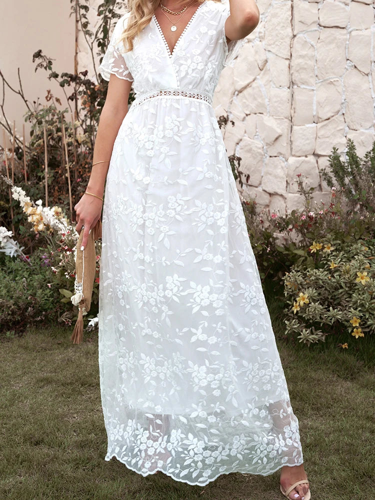 LIZAKOSHT  -  White Floral Embroidery Dress Women Summer Casual V Neck Short Sleeve Dress Elegant Fashion Lace Boho Beach Holiday Long Dresses