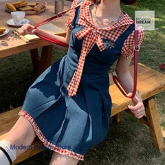 LIZAKOSHT  -  Sweet red plaid contrast temperament bow dress female summer new fake two-piece puff sleeves waist pleated stitching skirt