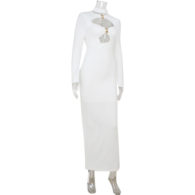 LIZAKOSHT  -  Women's Clothing With Hollow Out Long Sleeve Half High Collar Temperament Skinny White Party Long Dresses Evening Robes