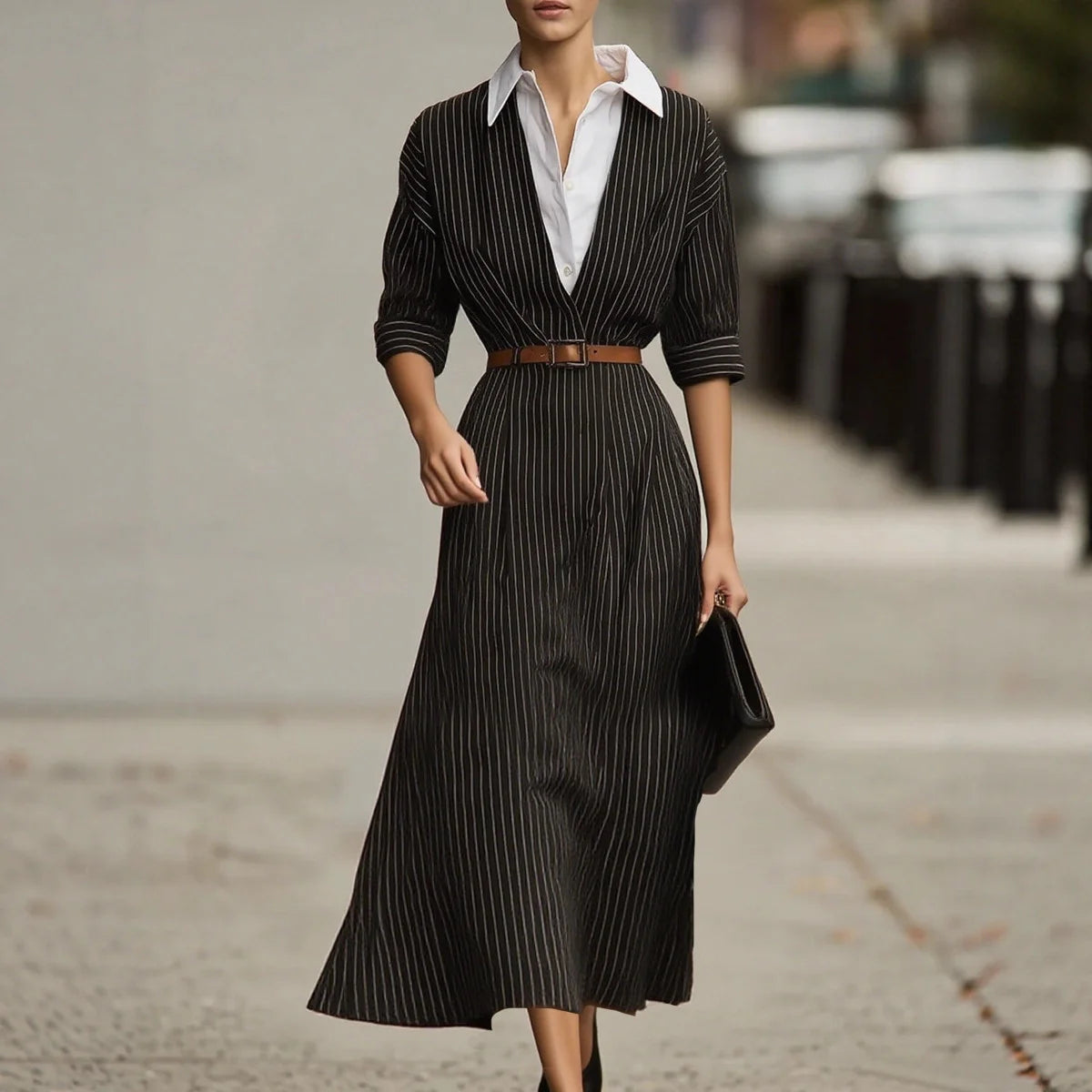 LIZAKOSHT  -  Women's Lapel Shirts Dress Retro Contrasting Hepburn Style Long Sleeves Stripe Dress Solid Casual Going Out A-Line Long Dress