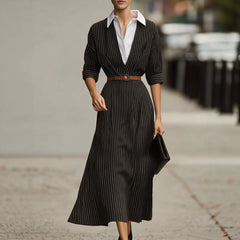 LIZAKOSHT  -  Women's Lapel Shirts Dress Retro Contrasting Hepburn Style Long Sleeves Stripe Dress Solid Casual Going Out A-Line Long Dress