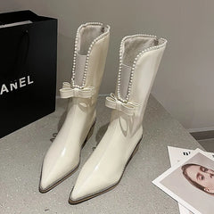 LIZAKOSHT  -  Autumn Women Designer Bowknot Front Opening Mid-calf Boots Fashion Pointed Toe Ladies Short Boot Square Low Heel Casual Boots
