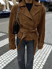 LIZAKOSHT  -  Retro Brown Lace Up Shorts Suede Jacket Elegant Female Lapel Long Sleeves Slim Coats Autumn Chic Lady High Street Outwear