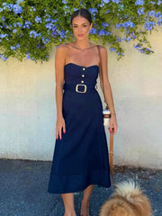 LIZAKOSHT  -  Belt Blue Casual Strapless Dresses Women Chic Sleeveless Backless High Waist A-line Midi Dress Lady New Highstreet Vestidos