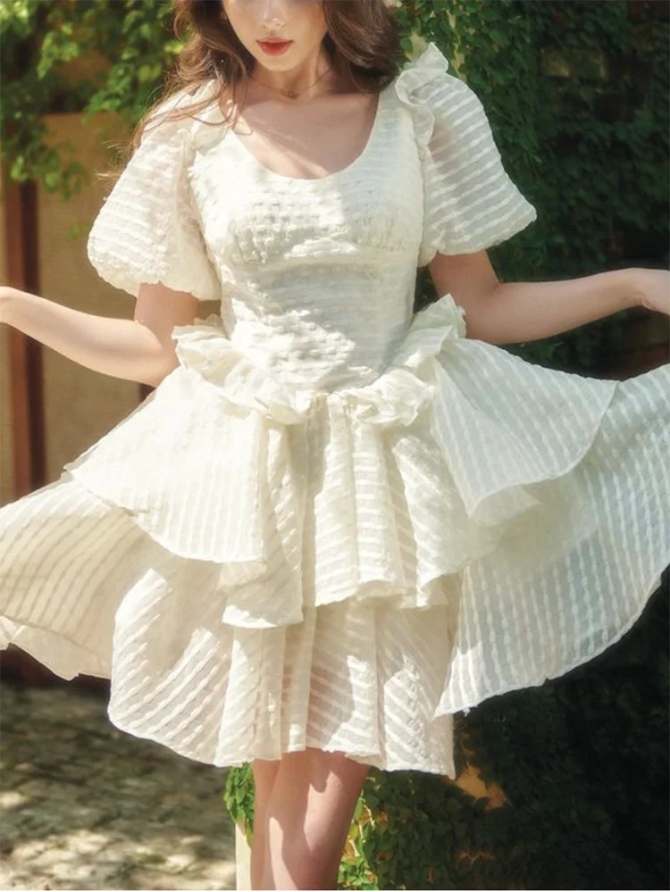 LIZAKOSHT  -  Elegant Chic Mini Tiered Dress Blue White Summer Party Women Ruffles Puff Sleeve Backless Sexy Ladies Dress Vestidos