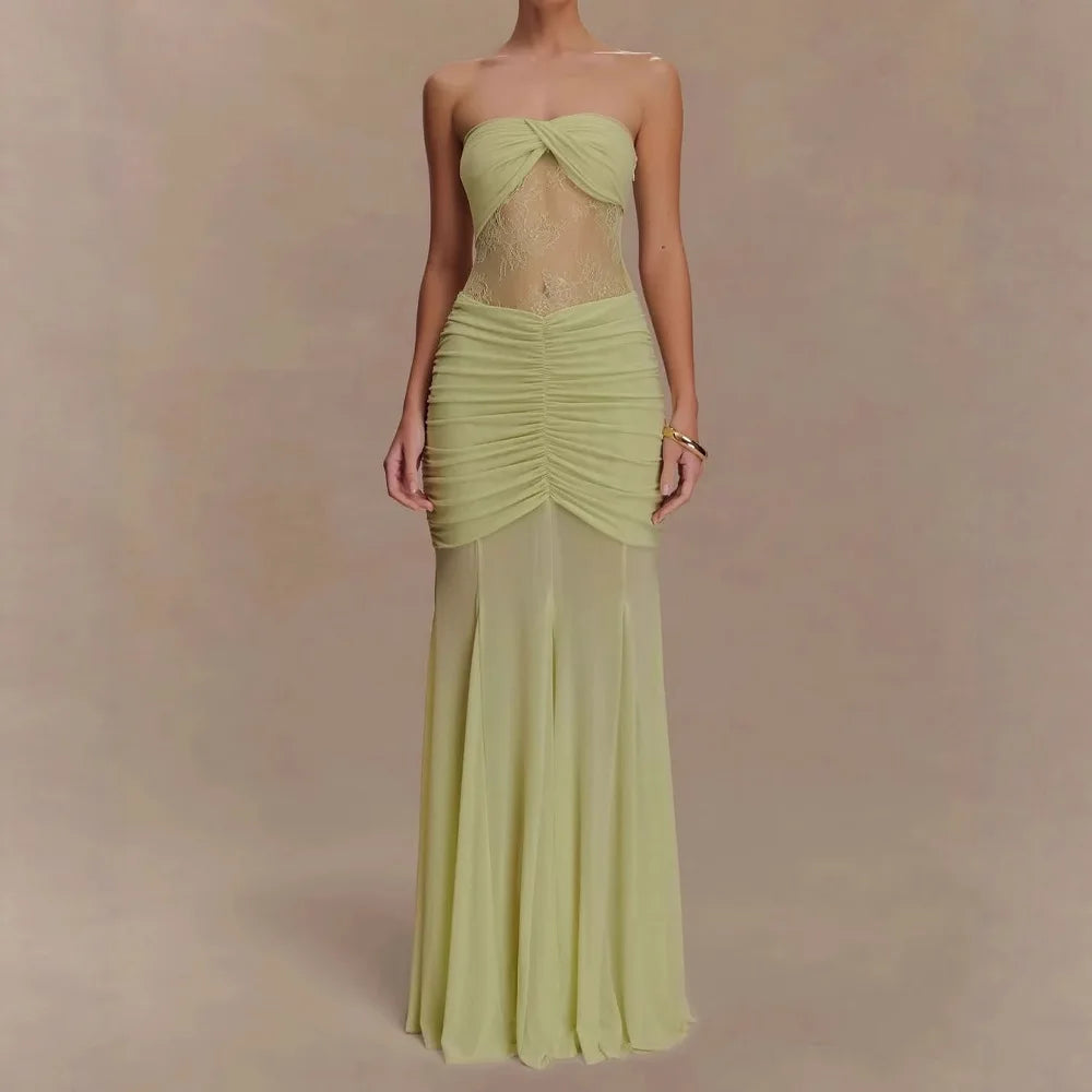 LIZAKOSHT  -  Design Sense Women's New Sexy Bandeau Long Skirt Pleated Mesh Panelled Sheer Lace Dress