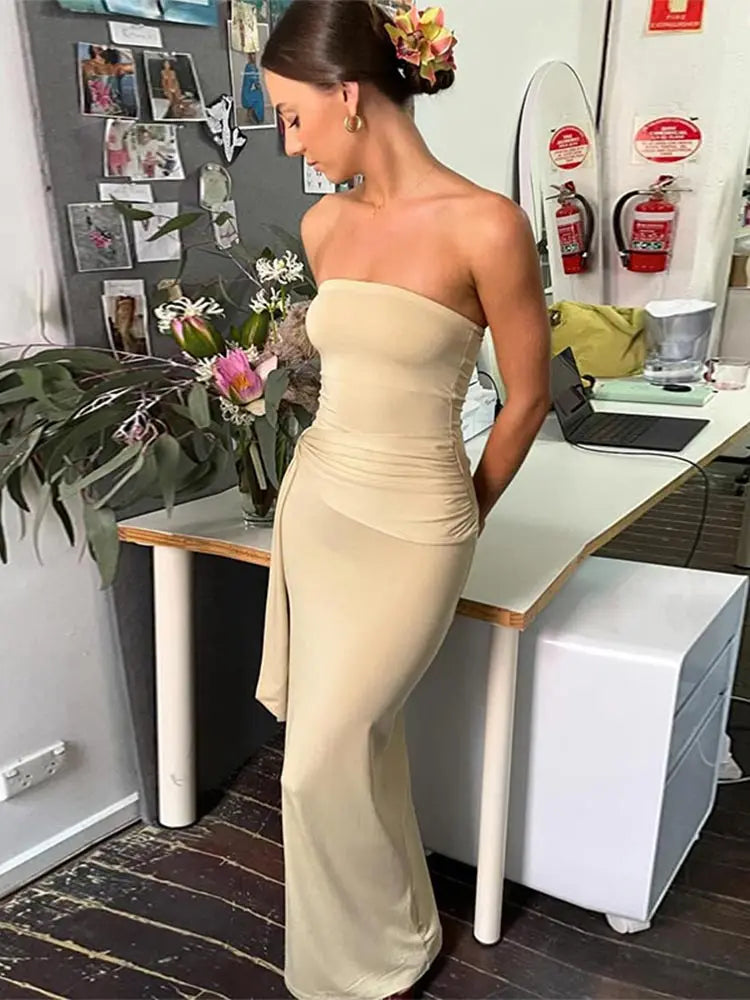 LIZAKOSHT  -  Sexy Strapless Women Bodycon Maix Dress Elegant Backless Sleeveless Pleated Knot Dresses 2024 Summer Lady Party Club Solid Robes