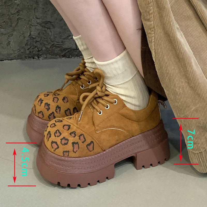 LIZAKOSHT  -  Thick Soled Height Increasing Vulcanized Shoes Women, Leopard Print Lace Up Round Toe, Four Season Plus Size Single Shoes Women