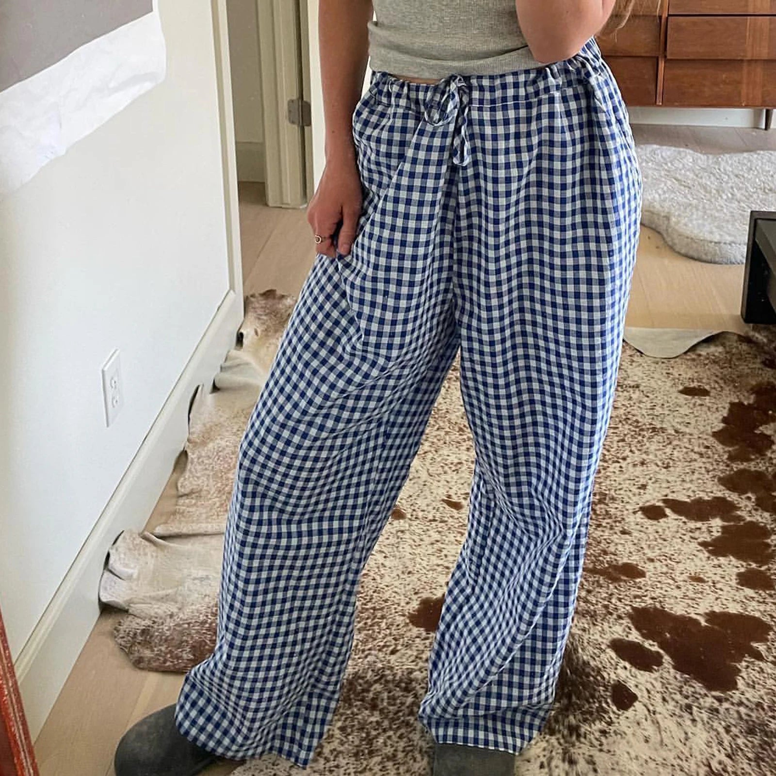 LIZAKOSHT  -  Y2K Vintage Women Girls Striped Plaid Pants Wide Leg Gingham Lounge Pants High Waist Striped Print Pajama Trousers Pants
