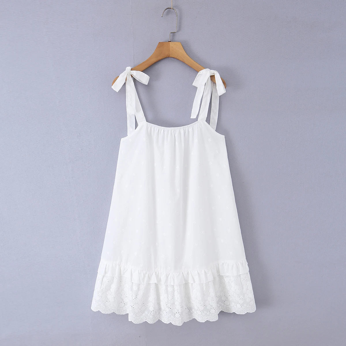 LIZAKOSHT  -  Bohemian White Embroidery Flower Tide Bow Spaghetti Strap Dress Woman Wood ears Ruffles Hem Swing Loose Swing Mini Dresses Robe