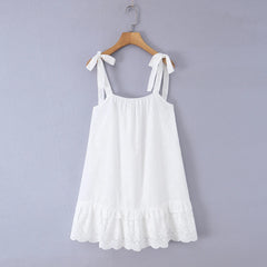 LIZAKOSHT  -  Bohemian White Embroidery Flower Tide Bow Spaghetti Strap Dress Woman Wood ears Ruffles Hem Swing Loose Swing Mini Dresses Robe