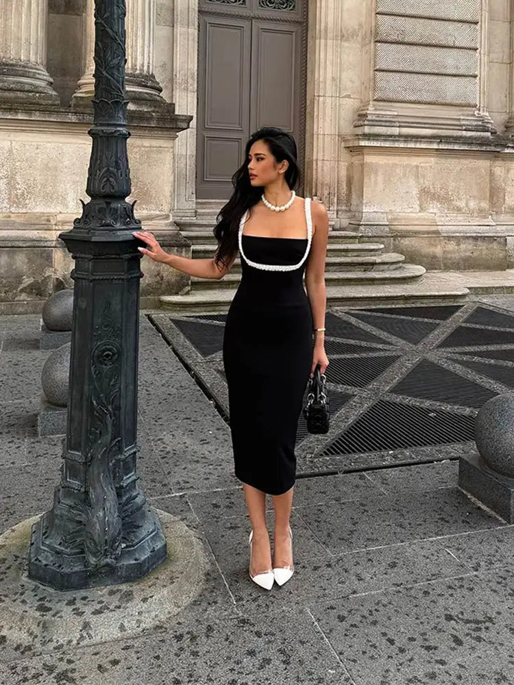 LIZAKOSHT  -  Fashion Pearl Patchwork Sling Dresses Women Elegant Solid Square Neck Sleeveless Slim Dress 2024 Lady Fashion Party Gown Robes