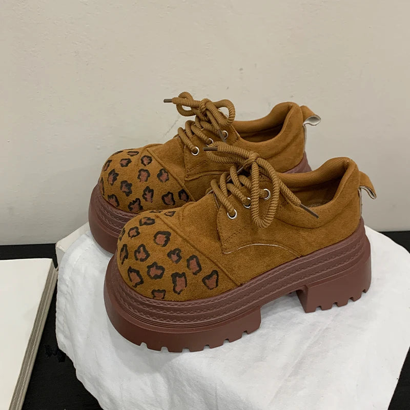 LIZAKOSHT  -  Thick Soled Height Increasing Vulcanized Shoes Women, Leopard Print Lace Up Round Toe, Four Season Plus Size Single Shoes Women