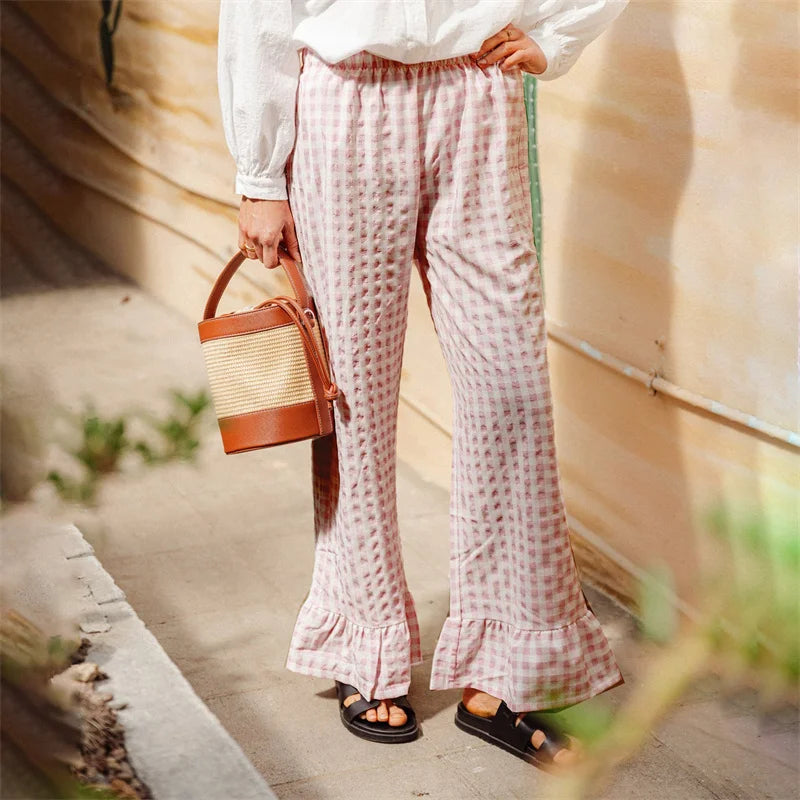 LIZAKOSHT  -  Plaid Print Pants Women y2k Clothes Elastic Waist Wide Leg Loose Ruffle Hem Trousers Summer Clothing 2000s Streetwear