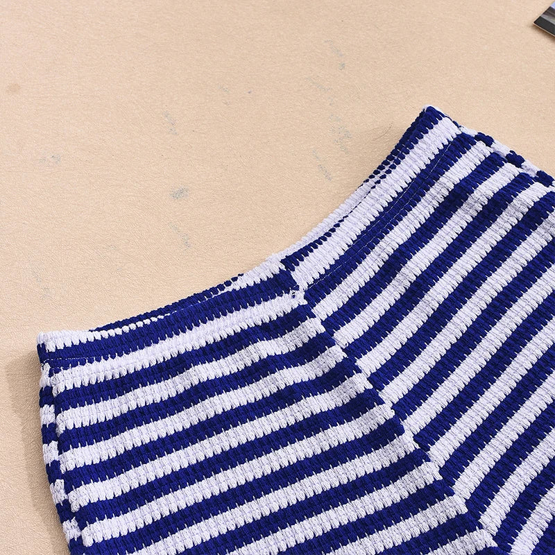 LIZAKOSHT  -  Women's Contrasting Color Casual Stripe Matching Set Strapless Cropped Vest+Shorts Fashion Sexy Slim Fit Holiday Streetwear