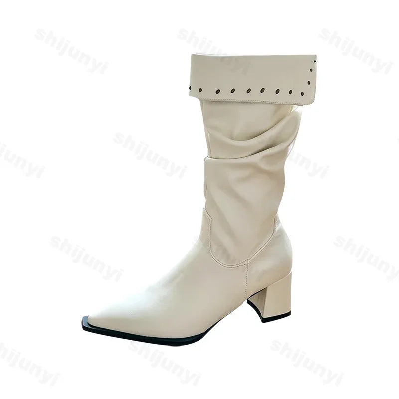 LIZAKOSHT  -  Square Heel Women Western Cowgirl Boots Fashion Rivet Pointed Toe Mid-calf Boots Autumn Winter Ladies Elegant Short Booties