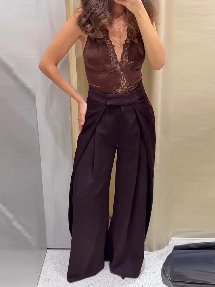 LIZAKOSHT  -  Women's Pants Woman Clothing Wide-Leg Trousers Y2k Pants Tracksuit Female Pinstripe Pleated Fashion High-Waist Casual Bottoms