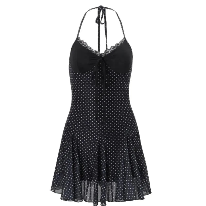 LIZAKOSHT  -  French Retro Sexy Hottie Black Polka Dot Lace Edge Suspender Dress Women's Waist and Thin Super Fairy A-shaped Dress