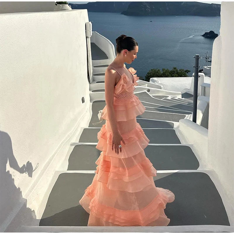 LIZAKOSHT  -  Cascading Ruffle Slip Women's Dress V-neck Sleeveless Hollow Out Waist Cinching Evening Party Dresses 2025 Summer Elegant Robe