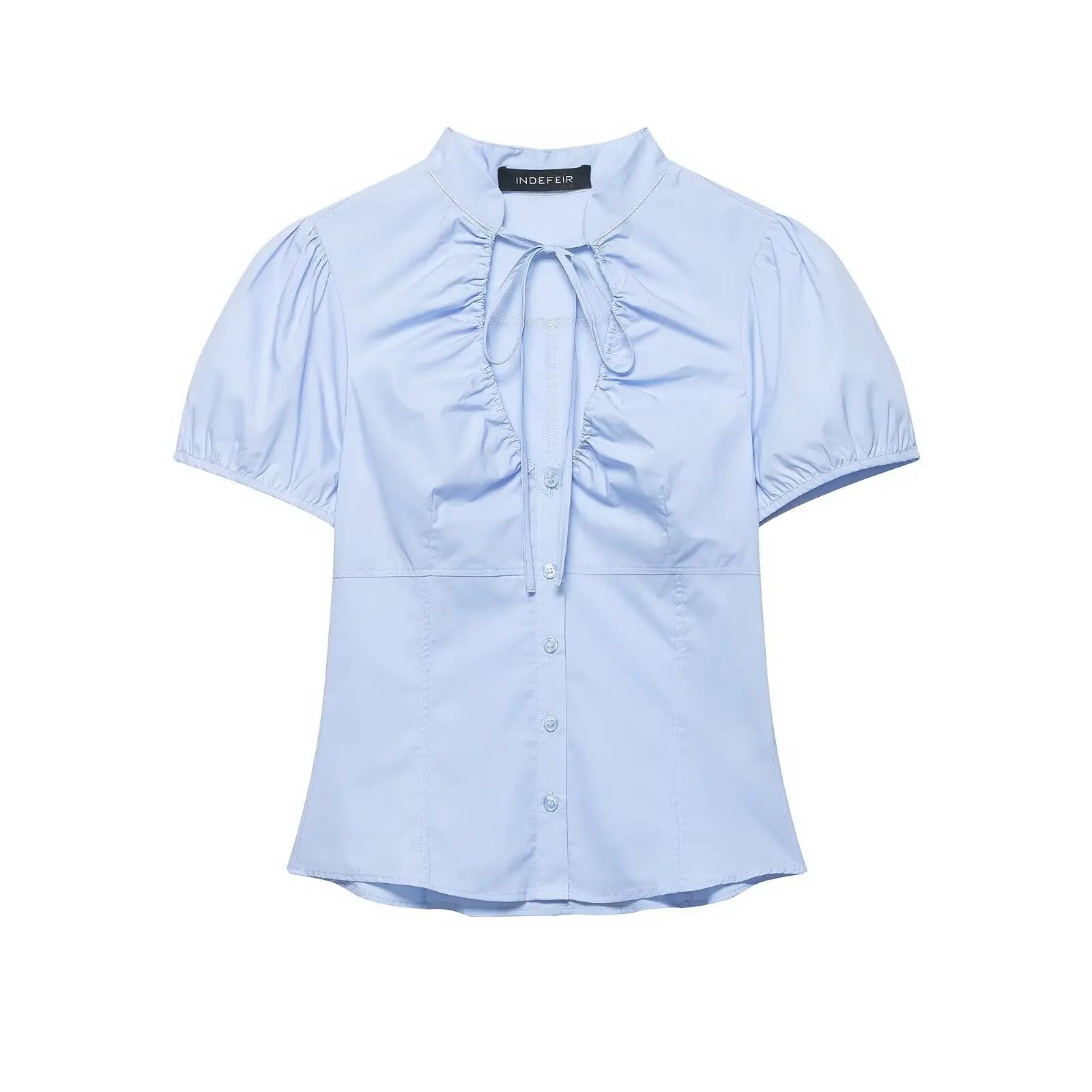 LIZAKOSHT  -  Summer New Bow Lace-up Puff Sleeve Slim Blue Shirts Women Sexy V-neck Single Breasted Crop Tops Y2K Girl Cute Tops