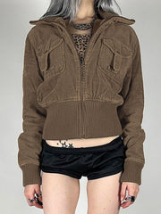 LIZAKOSHT  -  Corduroy Cropped Jacket Y2K Vintage Women'S Sweatshirt Autumn Casual Long Sleeve Turn-down collar Zip Up Coats Female