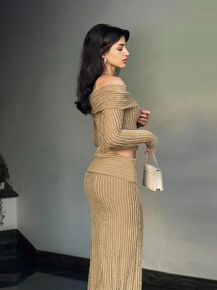 LIZAKOSHT  -  Off-shoulder Pleated Striped Women's Tops Skirts Sets Elegant Solid Color Long Sleeve Pullover Women Casual Long Skirt Set
