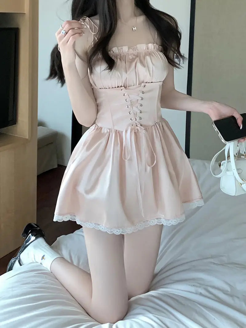 LIZAKOSHT  -  French Sweet Ins Strap Waist Design Suspender Skirt Splicing Slim Lace
