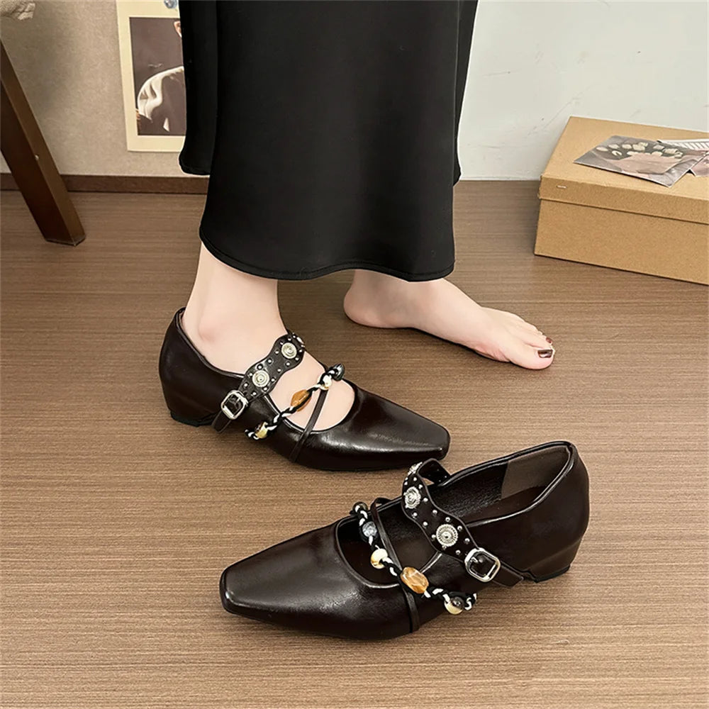 LIZAKOSHT  -  Design Lovely Buckle Straps Mary Janes Shoes Women Chic Black 4cm Mid Heels Shoes Chain Office Lady Dress Pumps