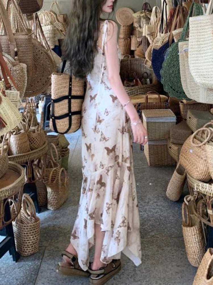 LIZAKOSHT  -  Summer Japanese Elegant Party Midi Dress Women Irregular Sweet Lace Suspender Dress Female Slim Korean Casual Strappy Dress