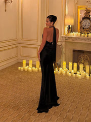 LIZAKOSHT  -  Elegant Long Dress Women Halter Hollow Out Sleeveless Backless Lace Up High Waist Robe Female Chic Party Evening Dresses