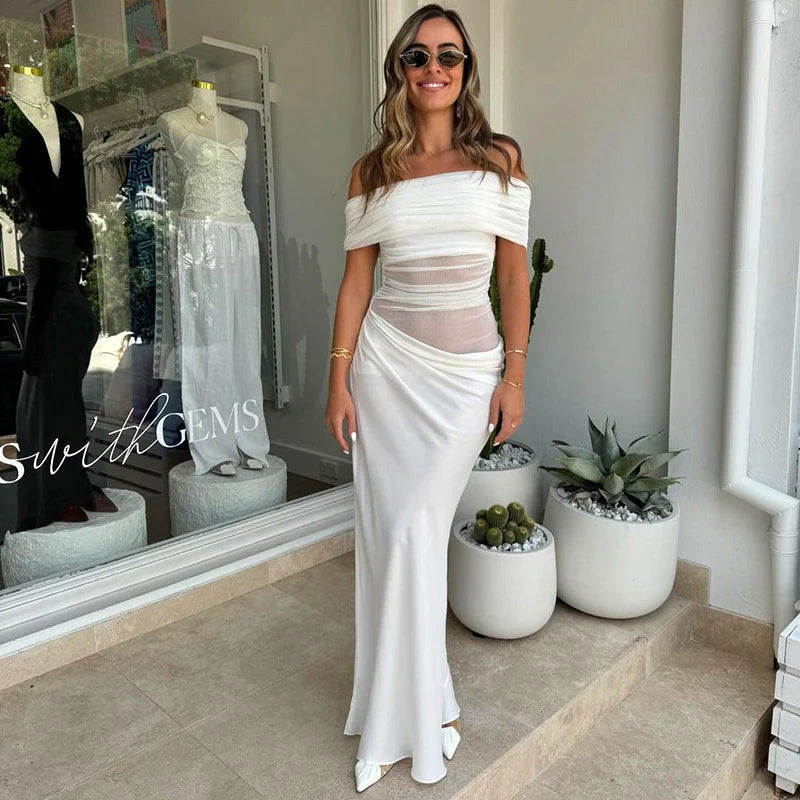 LIZAKOSHT  -  Elegant Sexy Long Dress Women Off Shoulder Hollow Out Sleeveless Patchwork Mesh Robe Female 2025 Spring Summer Chic Solid Robe