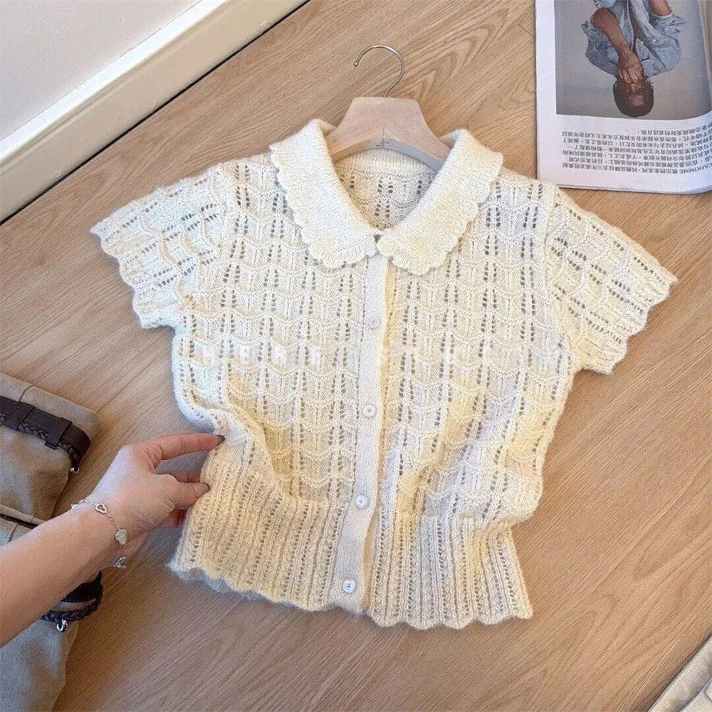 LIZAKOSHT  -  French Style Ice Silk Knitted Short Sleeve T-Shirt Cardigan Turn Down Collar Summer New Women's Loose Soft Breathable Clothing