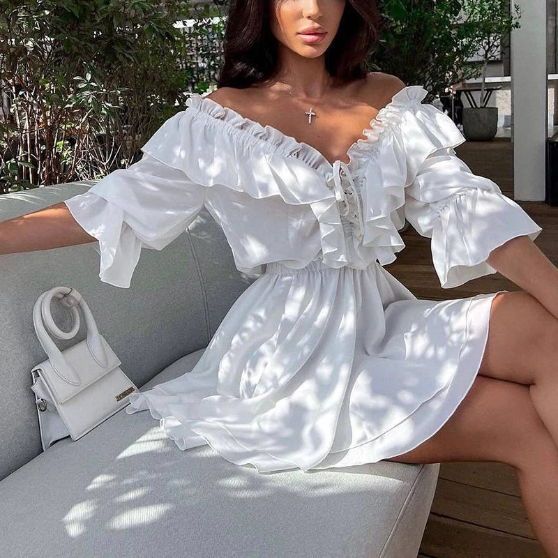LIZAKOSHT  -  Casual Pleat White Mini Dress Elegant V-neck Flared Sleeve A-Line Dress Women Fashion Drawstring Design Ruffle Short Dress