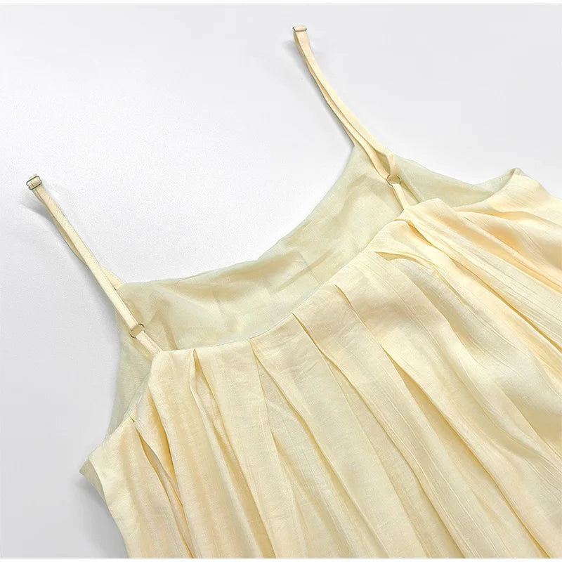 LIZAKOSHT  -  Casual Loose Pleated Sling Long Dress Women Chic Simple Beige Sleeveless Low Cut Holiday Dresses Lady Retro Summer Beach Vestido