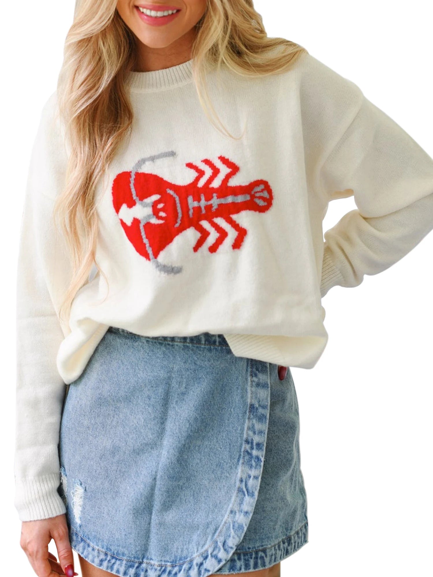 LIZAKOSHT  -  Women s Crab Sweater Crew Neck Long Sleeve Pullover Knit Tops Casual Streetwear for Autumn Winter Season