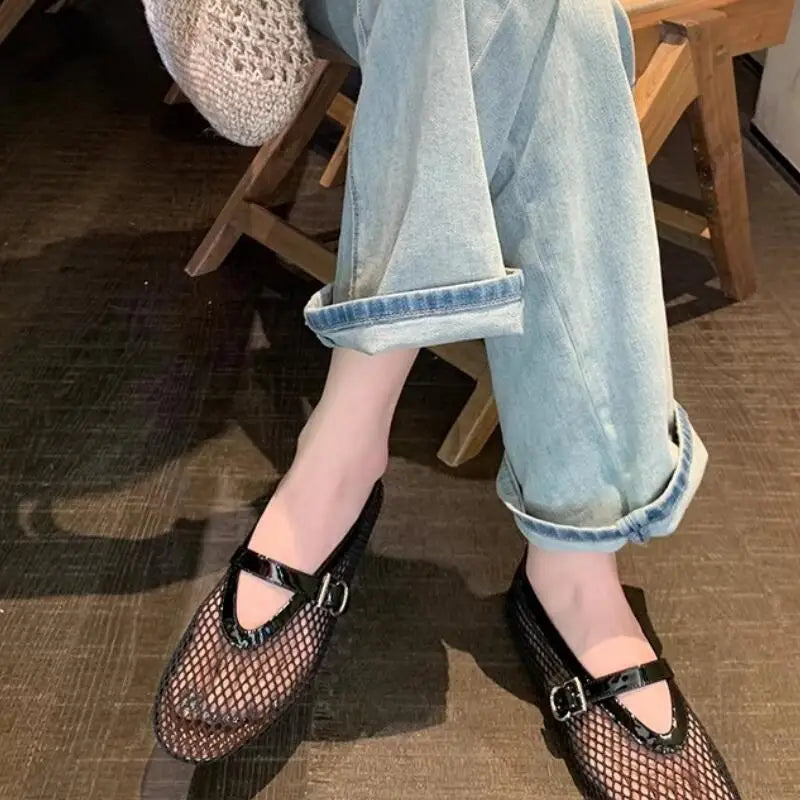 LIZAKOSHT  -  Summer Fashion Designer Rhinestones Round Toe Mary Janes Women Flat Mesh Sandals Buckle Strap Comfortable Outdoor Dress Shoes