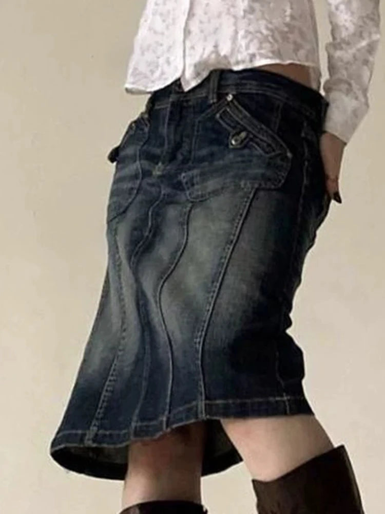 LIZAKOSHT  -  Vintage Blue Straight Denim Skirt Women American Retro Aesthetic Chic Stitch Cargo Mid Skirts Y2K Streetwear Grunge New