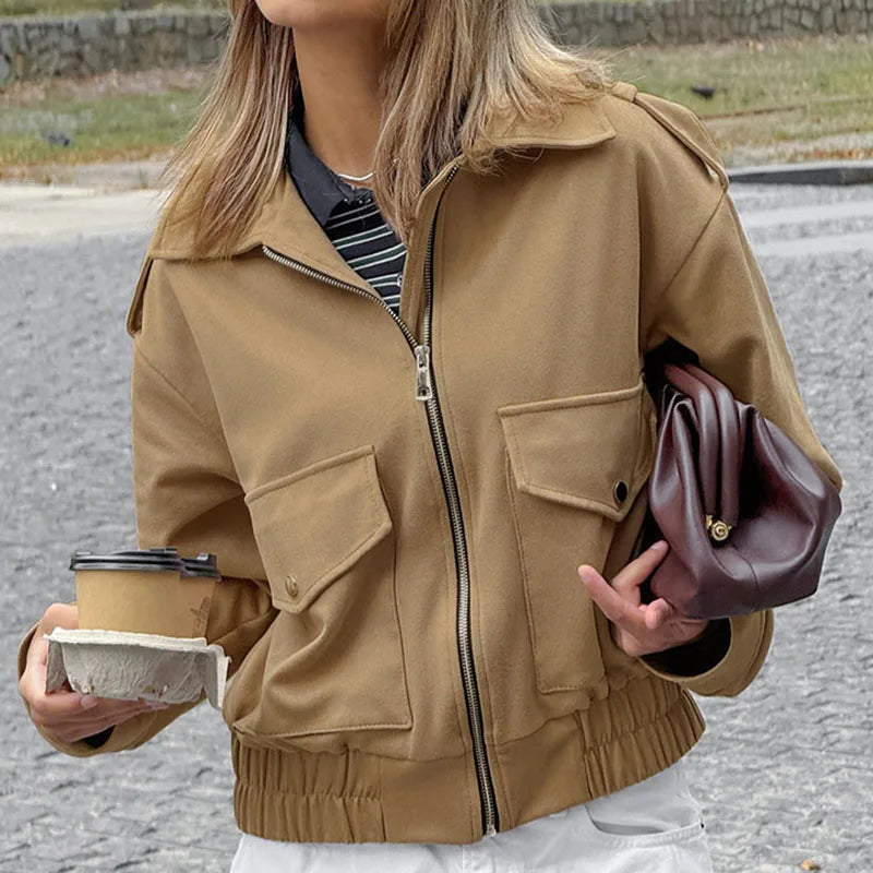 LIZAKOSHT  -  Casual Flip Collar Zipper Pocket Jacket Woman Solid Color Long Sleeves Loose Street Coats Chic Women's Warm Early Autumn Jackets