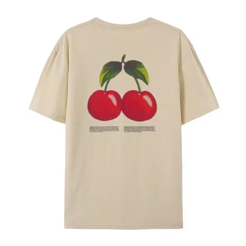 LIZAKOSHT  -  Cherry Fruit Back Print Graphic Tees Vintage Women Cotton Shirt Oversized Cute Retro Streetwear Clothes Grunge Y2k Aesthetic Top