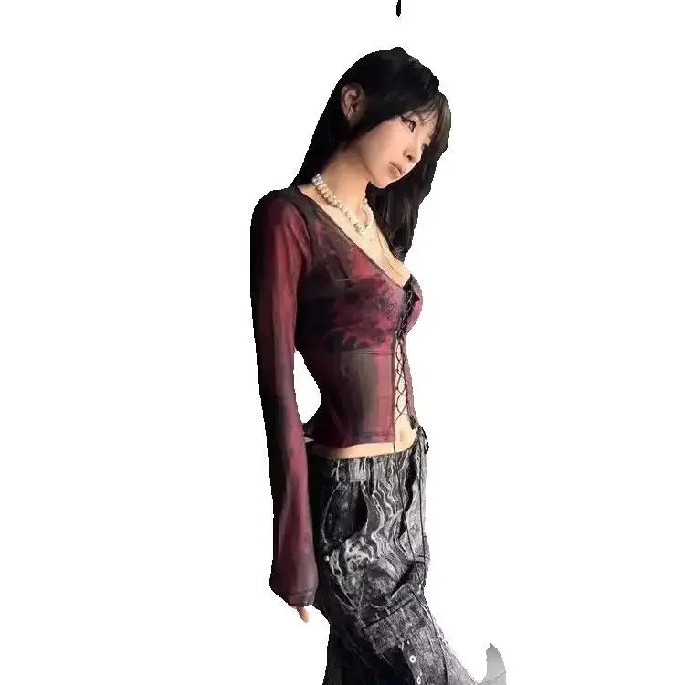 LIZAKOSHT  -  Subculture Mesh T-Shirt Hot Girl Short V-Neck Strap Y2k Top Women Design Is Chic Versatile
