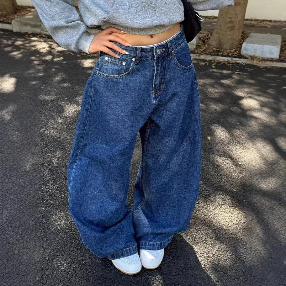 LIZAKOSHT  -  Washed American Style Wide Leg Jeans High Waist Straight Cut Commute Elegant High Quality Cotton Polyester Blend No Stretch