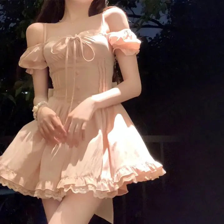 LIZAKOSHT  -  Sweet Hot Girl Pure Sexy Bow Square Collar Dress for Women's Summer Slim Fit A-line Short Dress Fashion Female Clothes