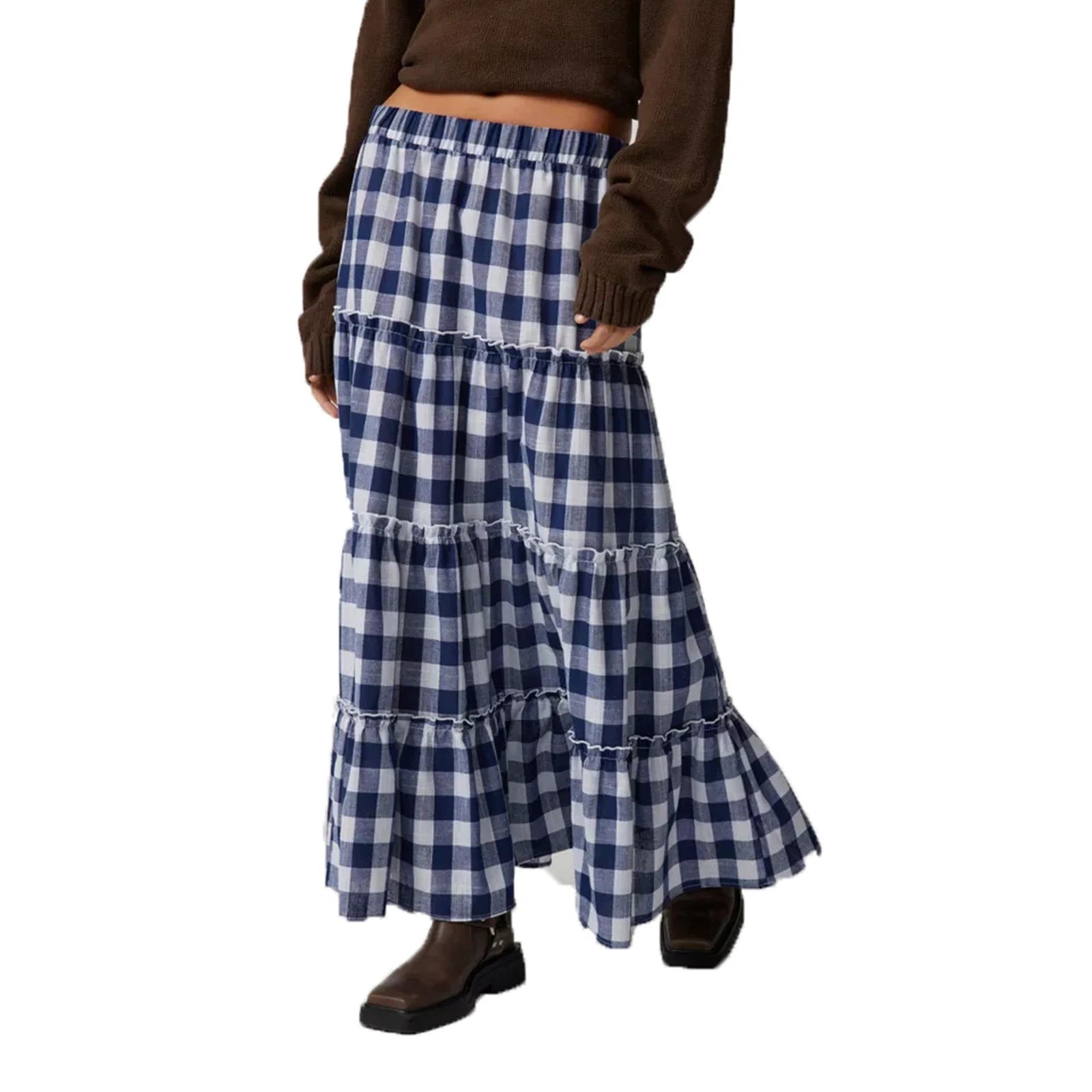LIZAKOSHT  -  Y2k Women Gingham Tiered Maxi Skirts A Line Ruffle Plaid Midi Skirt Summer Beach Casual Loose Flowy Long Skirt