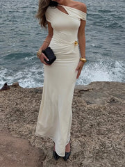 LIZAKOSHT  -  Temperament Slash Collar Hollow Out Bodycon Dress Fashion Solid Color Shawl Sleeve Party Dress Elegant Lady Beach Vacation Dress