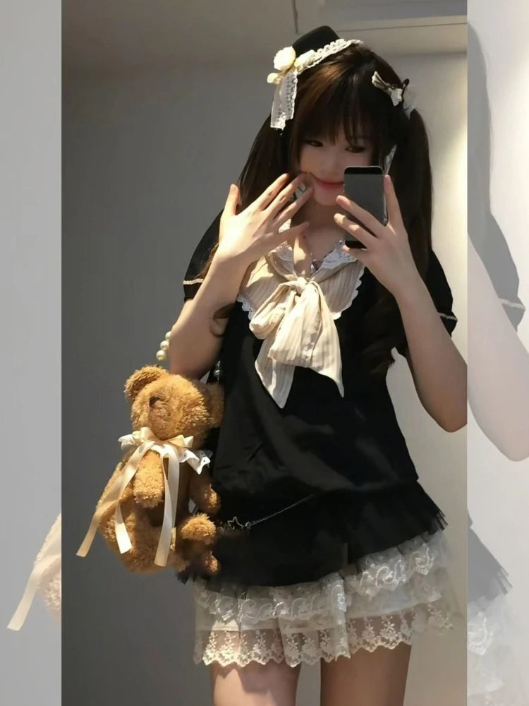 LIZAKOSHT  -  2000s Japan Style Kawaii Lolita Slim Dress Y2k Harajuku Vintage Sweet Summer Short Party Dress Lace Bow Patchwork Mini Dress