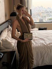 LIZAKOSHT  -  Ruched Halter Maxi Dress Women Sleeveless Backless Irregular Hem Solid Vacation Classic Basis Prom Party Elegant Vestidos