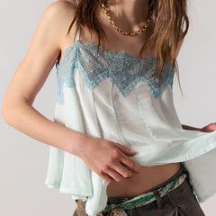 LIZAKOSHT  -  Summer Women Sleeveless Cami Top, Contrast Spliced Lace Edge Spaghetti Strap Tee for Daily Casual Wear