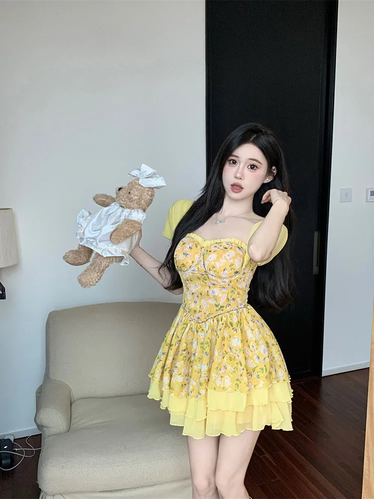 LIZAKOSHT  -  Sexy Dresses Women Floral Printed Patchwork Chain Ruffles Layered Square Collar Elegant Mini Dress Slim Fashion Female